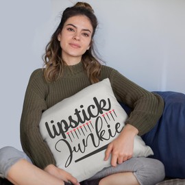 Lipstick Junkie, Quote About Love for Lipsticks - Beauty Themed Merch for Makeup Artist or Cosmetologist, Gift for Makeup Lovers, Pillow Cover, White 18X18 in