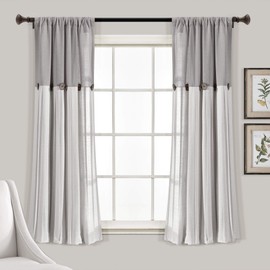 Lush Decor Linen Button Window Curtain Panel, Single, 15.8" W x 24.8" L, Gray & Off-white - Country Curtains - Color Block Modern Farmhouse Curtains For Living Room, Bedroom & Dining Room