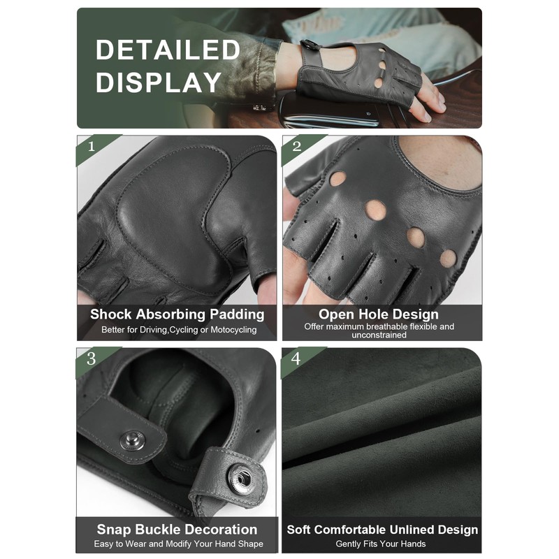 GSG Mens Fingerless Leather Gloves Driving Cycling Motorcycle Half Gloves
