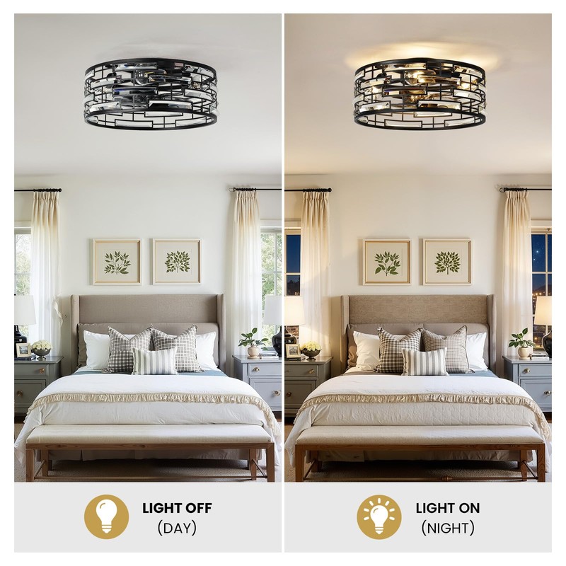 Linour Crystal Caged Ceiling Fan with Light, 18.9'' Flush Mount