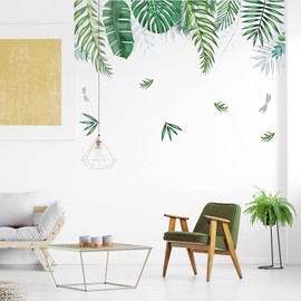 Green Tropical Palm Tree Leaves Wall Stickers, KALYLOC Waterproof Tropical Green Leaf Plants Wall Decal, Peel and Stick Nature Jungle Wall Decor for Living Room Bedroom Door Decoration (A)