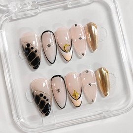 Handmade Press on Nails Almond Medium 3D French Tip Thick Acrylic Fake Nails False Nails with Moon Stars Rhinestones Gold Curve Line Designs Black&White Sturdy Nail Art Press on Nails 10Pcs(M)