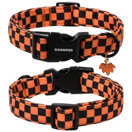 DOGWONG Fall Dog Collar, Orange Checkered Dog Collar Adjustable Soft Cute Pet Dog Collars Cute Plaid Puppy Necklace for Small Medium Large Dogs