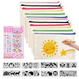 Tefola 12 Bolsas De Lona En Blanco Con Cremallera Para Manualidades, DIY Organizador Garabateable Con 8 Plantillas y 4 Pegatinas Para Estuches De Maquillaje, Neceseres y Bolsas De Aseo