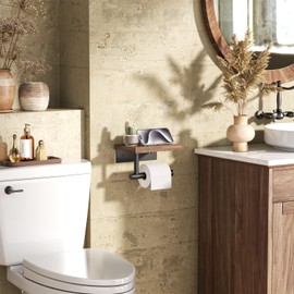 Tindbea Toilet Paper Holder with Wood Shelf, Wooden Wall Mount Tissue Paper Roll Holder, Matte Black Stainless Steel Bathroom Accessories Decor Household Home Apartment Restroom Essentials (Walnut)