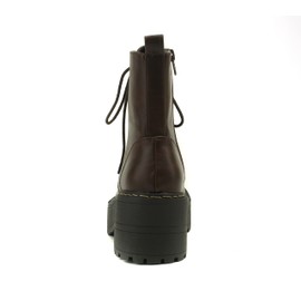 Soda FLING Women Chunky Lug Sole Lace up Fashion Combat Ankle Boot w/Side Zipper (7.5, BROWN PU, numeric_7_point_5)