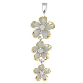Arthur's Jewelry 925 sterling silver 2 tone yellow gold plated Hawaiian 3 plumeria flower dangle pendant