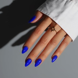 KQueenest Dark Blue Press On Nails Short - Acrylic Press On Nails Almond, Sheer Navy Blue Fake Nails with Glue, Glossy Opaque, Stiletto Reusable Soft Gel Glue on Nails for Women, 30 Pcs