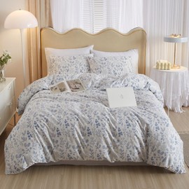 3 Pieces Duvet Cover Full Size Bedding White Duvet Cover with Blue Floral Print,Coquette Bedding Soft Cotton Comforter Cover Boho Style,Aesthetic Full Bedding Set with Zipper Closure 4 Ties,All Season