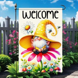 BlissYard Spring Summer Gnome Garden Flag 12x18 Double Sided Summer Bee Daisy Flowers Yard Flag Outdoor Home Decorative Daisy Floral Welcome Holiday Yard Outdoor Decorative Banner