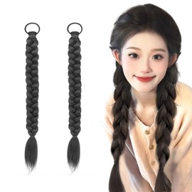 2Pcs Braided Ponytail Extensions with Hair Ties 16 Inch Soft Synthetic Hairs Pieces Hair Extension for Women Girls Daily Wear Parties (Natural Black)