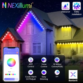 eaves light,Permanent Outdoor Lights 100ft, Smart RGB IC Eaves Lights With 72 Scene Modes, IP67 Outdoor Lighting For Holiday Decorations, Party, 60LEDS