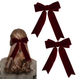 GWAWG 2 Pcs Red Velvet Bow Hair Clip, Satin Bowknot Hairpins with Long Ribbon, French Ribbon Hair Clip, Vintage Party Hair Accessories for Girls Women, for Autumn Winter, for Party Performance