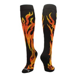 MadSportsStuff Flame Socks Athletic Over the Calf Socks (Black/Orange/Gold, Large)