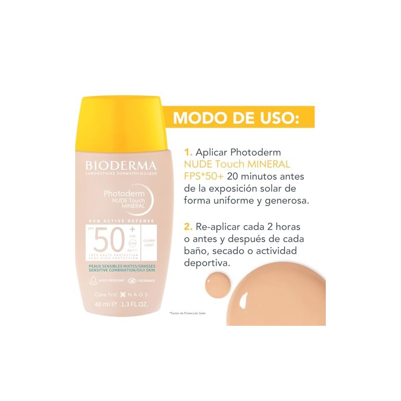 BIODERMA, Protector Solar, Photoderm NUDE Touch Mineral Tono Claro, FPS50+,