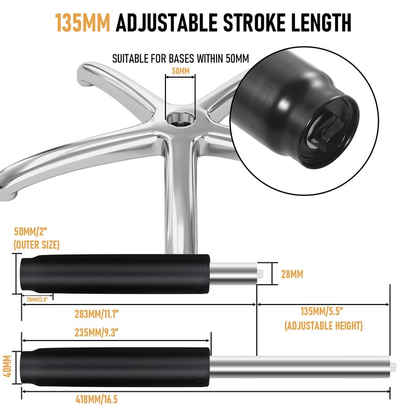 Class 4 Office Chair Gas Lift Cylinder, 5.3" Stroke, 1000