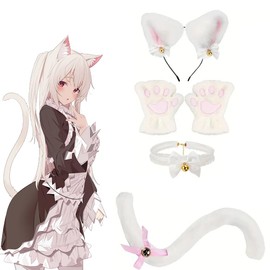 TUDOUZZZ Cat Ear Headband Cosplay Paw Gloves Tail Choker with Bell Cat Costume Accessory Set of 4 (White)