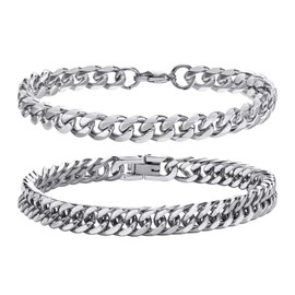 Mens Bracelets Curb Chunky Chain : Cuban Bracelet 2 Pack 9mm Silver Hand Chains Stainless Steel Hip Pop Rapper Unisex Jewelry Gifts