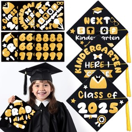 Qyeahkj 26 Pcs Graduation Hat DIY Stickers for Pre-K Kids Grad Caps Topper Decoration Black Gold Self-Adhesive Sticker Art Crafts for Summer Kindergarten Preschool 2025 Graduation Party Supplies Favor