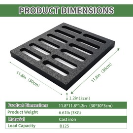 Cast Iron Drain Grate, 20 * 20in Heavy Duty Outdoor Drain Cover, B125 Class Channel Grate, Metal Sewer Grate, Black Square Drainage Grate for Concrete Floor, Yard, Driveway & Garage.
