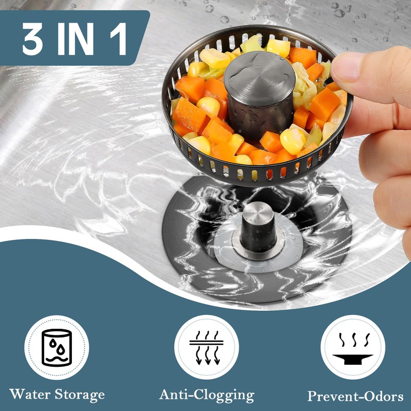 Kitchen Sink Drain Strainer 3 in 1, 304 Stainless Steel