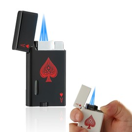JEOKWMS Dual Jet Torch Butane Lighter Refillable Metal Poker Cards Lighters, Visible Window, Cool Unique Gifts for Men Birthday Candles BBQ Camping (No Butane Fuel) (Black)