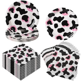 Yaomiao 50 Pcs Cow Print Party Supplies Includes Cow Print Plates and Cow Print Napkins Cow Theme Party Decorations for Girl Boy Barnyard Farm Animal Cow Theme Birthday Baby Shower Supplies (Pink)