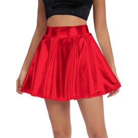 Women's Shiny Flared Pleated Mini Skater Skirt (S, Red)