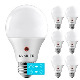 LUXRITE A19 LED Dusk to Dawn Light Bulbs Outdoor Lighting, 60 Watt Equivalent, Enclosed Fixture Rated, Automatic On Off Sensor, 3000K Soft White, 800 Lumens, Damp Rated, E26 Base (6 Pack)