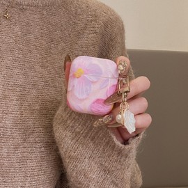 Fycyko Compatible for AirPods 2 &1 Case Soft TPU with Cleaner Kit Cute Colorful Retro Oil Painting Printed Flower Design Shockproof Pearl Keychain Cover for Girls Woman- Pink