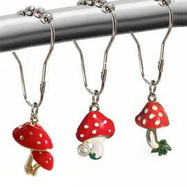 Mushroom Shower Curtain Hooks, Cottagecore Shower Curtain Hook Rings Cute Mushroom Bathroom Decor Boho Retro Decorative Shower Curtain Hooks, Resin Metal Shower Hooks for Forest Thrmed Bathroom