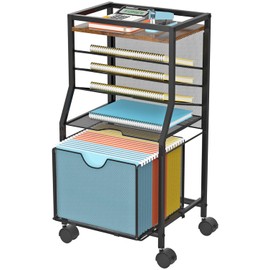 BOHDK Rolling File Cart, 6-Tier Desk File Organizer on Lockable Wheels, Brown Wood Planks & Mesh Sliding Hanging Folder Drawer, Organization Cart for Office Home School