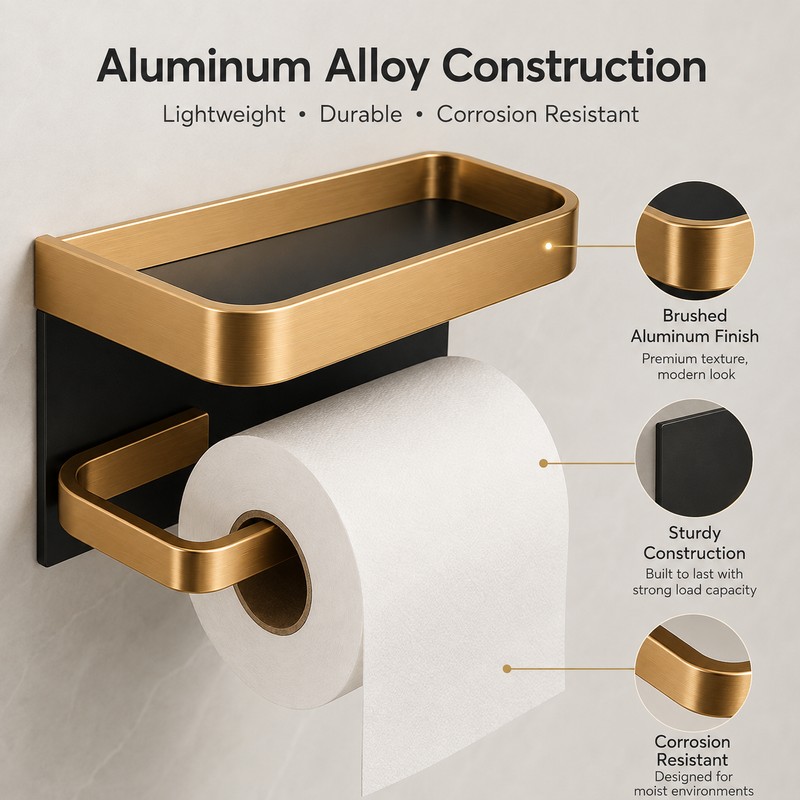 Aluminum Toilet Paper Holder with Shelf – No-Drill Black Gold