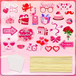 Happy Valentine's Day Photo Booth Props Kit, 24 PCS Selfie Photo Booth Accessories with “Happy Valentine’s Day” Signs, Cute Heart Themed Party Decorations for Valentine’s Party Favors（Red）