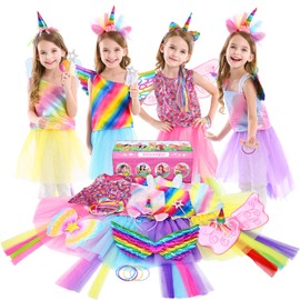 Jeowoqao Girls Princess Dress up Trunk Set 19 Pcs, Rainbow Costume Set for Girl Ages 3-6