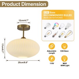 Flyrose Ribbed Flush Mount Ceiling Light Set of 2 Large Milk Glass Ceiling Light Mid Century Modern Entry Light Fixture White Semi Flush Mount Lights Gold Globe Hallway Ceiling Light (2 Pack)