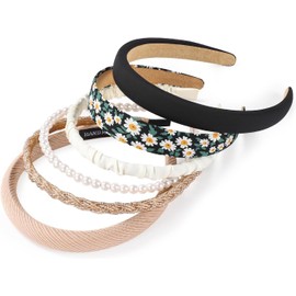 Headbands for Women, 7Pcs Non Slip Head Bands for Women's Hair Pearl Headband Flower Hair Bands Cute Hair Accessories Different Fashion Headband Set (Six piece set in black, One size)