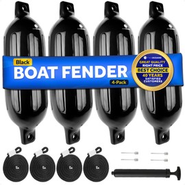 Five Oceans 4-Pack Boat Fenders - 6.5 x 23-Inch, Black - Boat Bumpers for Docking - 4 Ropes Lines 3/8-Inch x 5-Ft - Inflator Pump and 4 Needles for Pontoon Fishing Bass Sport Boats Sailboats - FO4540