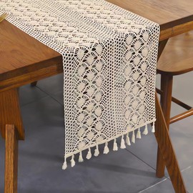 Gemseek 48 Inch Boho Crochet Table Runner, Vintage Bohemian Rustic Farmhouse Macrame Table Runner for Kitchen Dining Coffee Table Dresser Home Décor