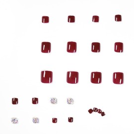 Resweky 24 Pieces French Square Fake Fingernails Rhinestone Glitter False Toenails Shiny Red Press on Toe Nail Tips for Women and Girls