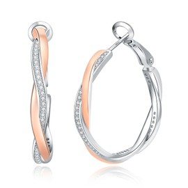 HEEYA Hoop Earrings Sterling Silver 925 Earrings Women's 18K Gold-Plated Twisted Hoop Earrings with Zirconia Hoop Earrings Hypoallergenic for Women Silver/Rose Gold/Gold 20/30/40 mm