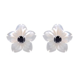Hand Carved Shell Flower Earrings with Cubic Zirconia Studs Sterling Silver Earrings