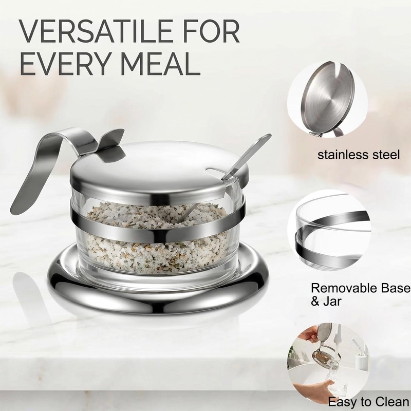 Stainless Steel Salt Cellar with Spoon & Lid, Heavy Duty