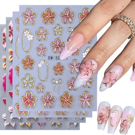 4 Sheets Spring Summer Flower Nail Stickers 5D Embossed Self Adhesive Nail Art Stickers 5D Colorful Flower Nail Decals Floral Bow Jellyfish Starfish Nail Art Supplies for Women Girls DIY Manicure