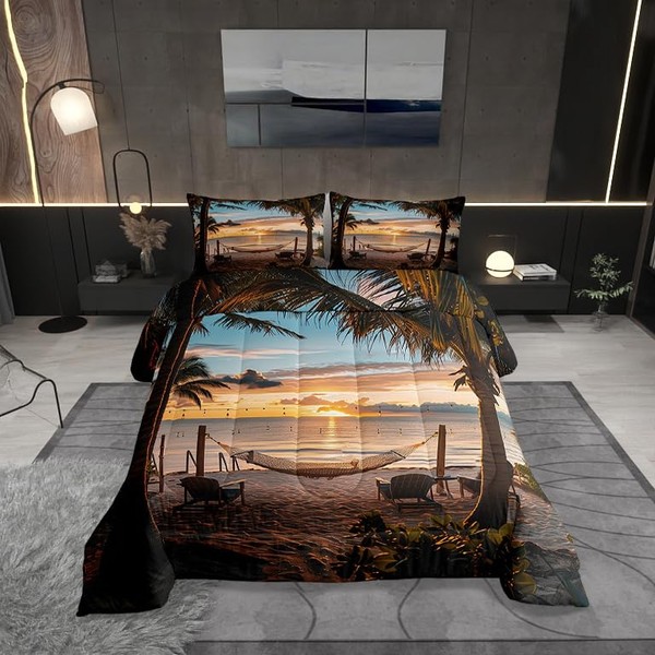 Seaside Sunset Comforter King,Tropical Palm Tree Hawaii Ocean Theme Quilt