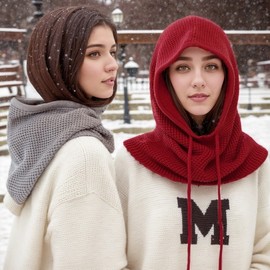 Knit Balaclava Hooded Hat Neck Warmer Ear Warmer Scarf - Winter Warmth lf2719, One Size Deep Khaki 4ea