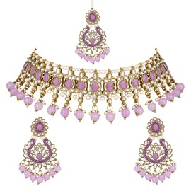 I Jewels Gold Plated Unique Design Multi layer Statement Handmade Choker Necklace Jewellery & Jhumka Earring Set For Women (Purple)