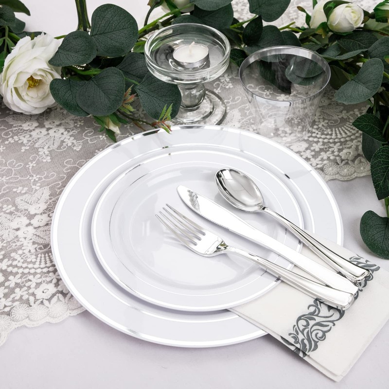 bUCLA 350PCS Silver Plastic Dinnerware Set for 50 Guests -