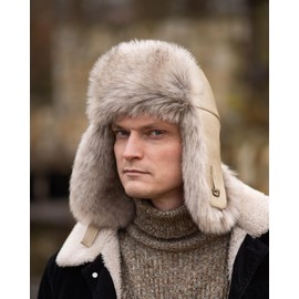 Futrzane Leather Trapper Hat - Russian Hats with Ear Flaps for Men - Bomber Hat (L, Sand - Beige Siberian)