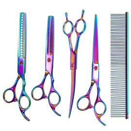 Dog Grooming Scissors Set, SUMCOO Pet Grooming Scissors Chunkers Shears for Dog, Curved Dog Grooming Scissors, Thinning Shears for Dog with Grooming Comb (Rainbow)